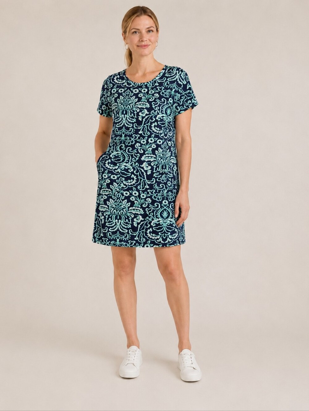 Soft Surroundings Damask Print Short Sleeve Dress Navy Green Large